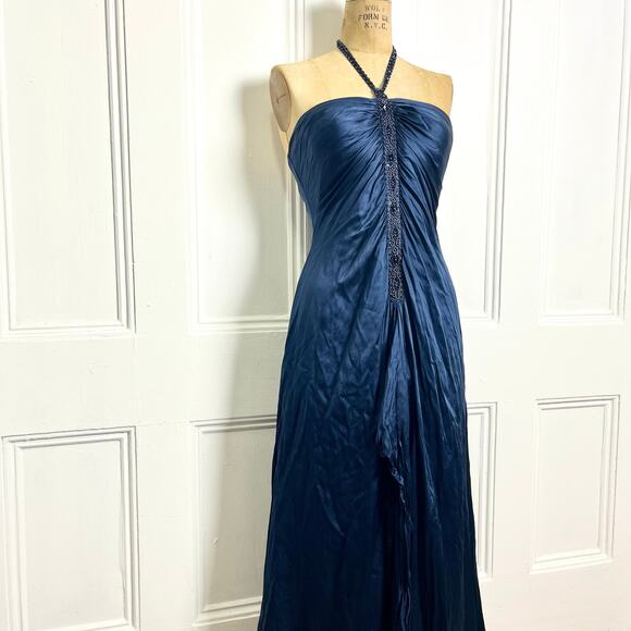 Adrianna Papell Boutique Vintage Navy Halter Elegant Silk Long Maxi Dress Glam - Picture 1 of 10